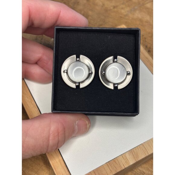 Swank Silver-Tone Round Cufflinks With Gray Stone Center For Men - Picture 7 of 8